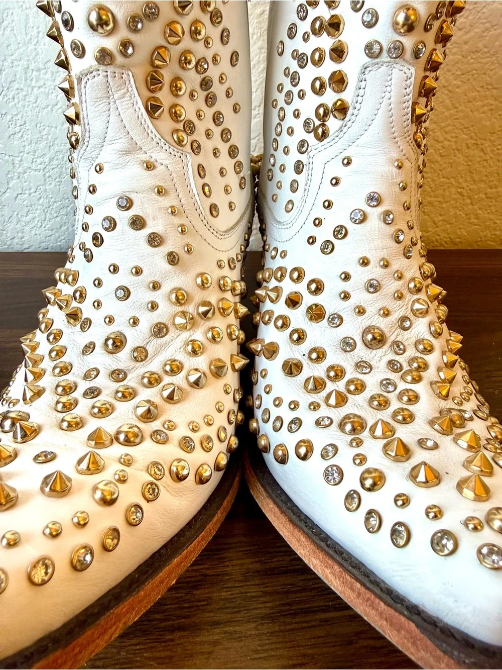 White Studded Lane Boots Dolly Western Ankle Boots with Gold Accents